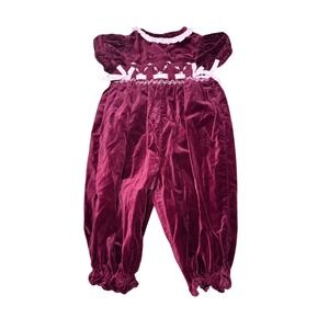 BT Kids Burgundy Vintage Velvet Smocked Baby Romper‎ 12 Months Buttons Holiday